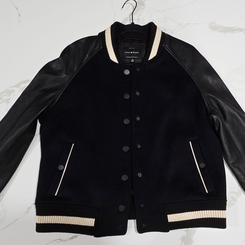 Lucky Brand- Wool Varsity Jacket With Leather Sleeves
